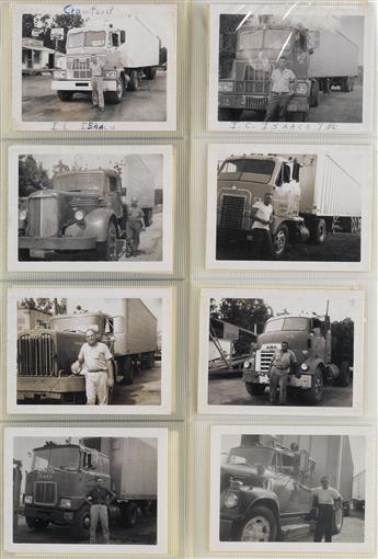 (TRUCKIN) Album with 70 Polaroids portraying a number of long-haul truckers posed proudly with their rigs.